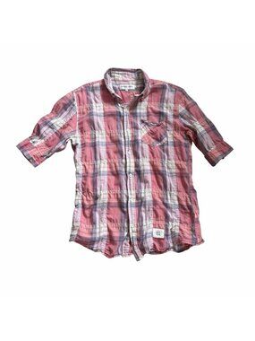 Vanquish Japan Women's Button Front Top Sz L Plaid Y2K Revival Short Sleeve Pink
